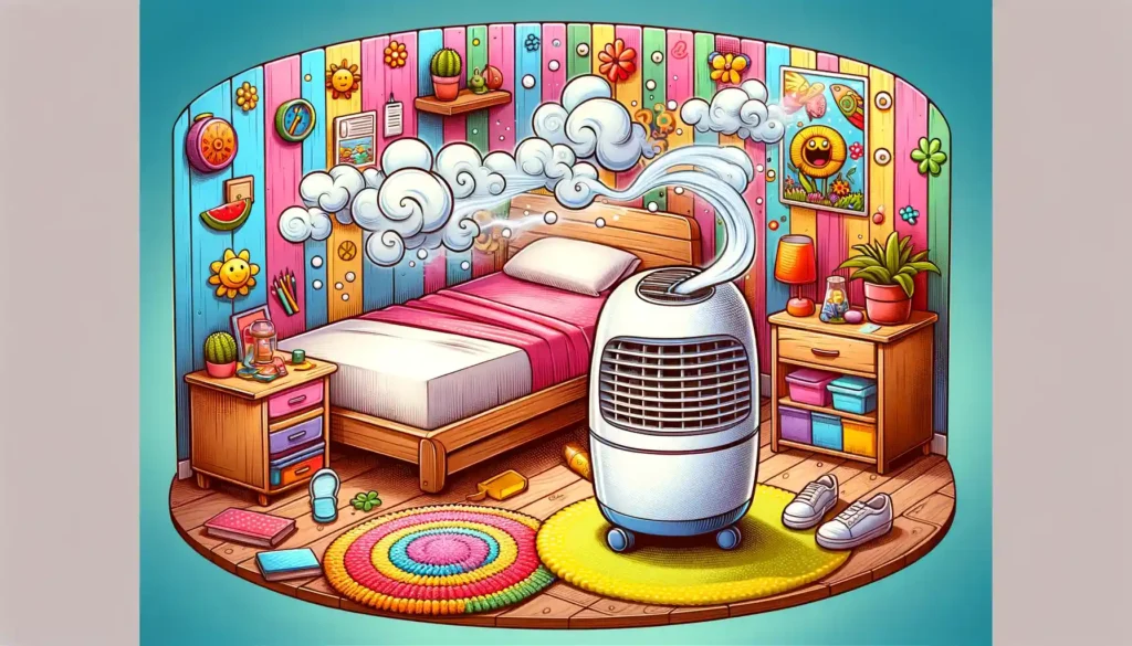  imagen caricaturesca y colorida de una habitación con un deshumidificador en funcionamiento, diseñada para reflejar un ambiente alegre y cómodo.